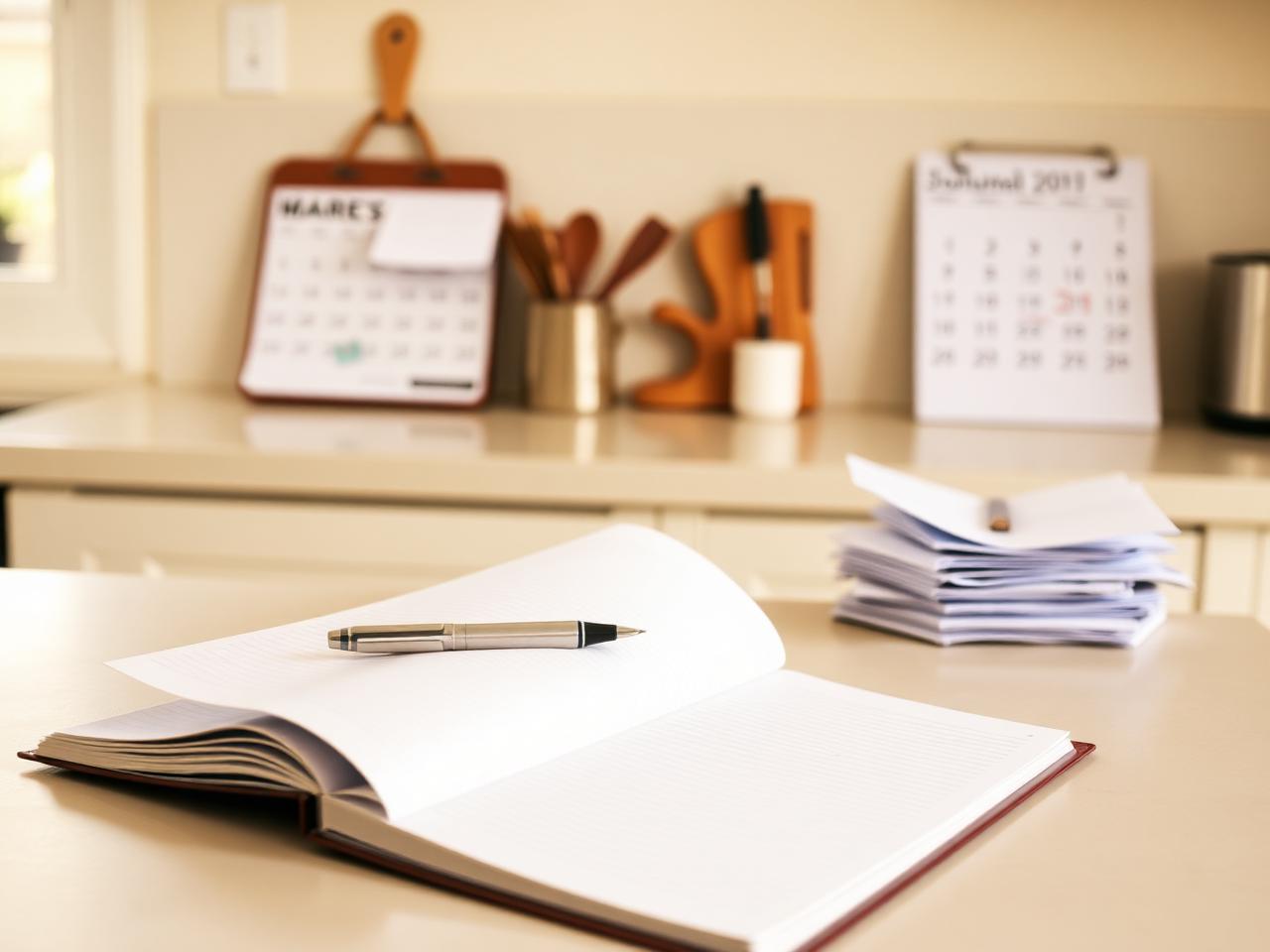 An open planner with a pen, a wall calendar, and sorted mail on a kitchen counter