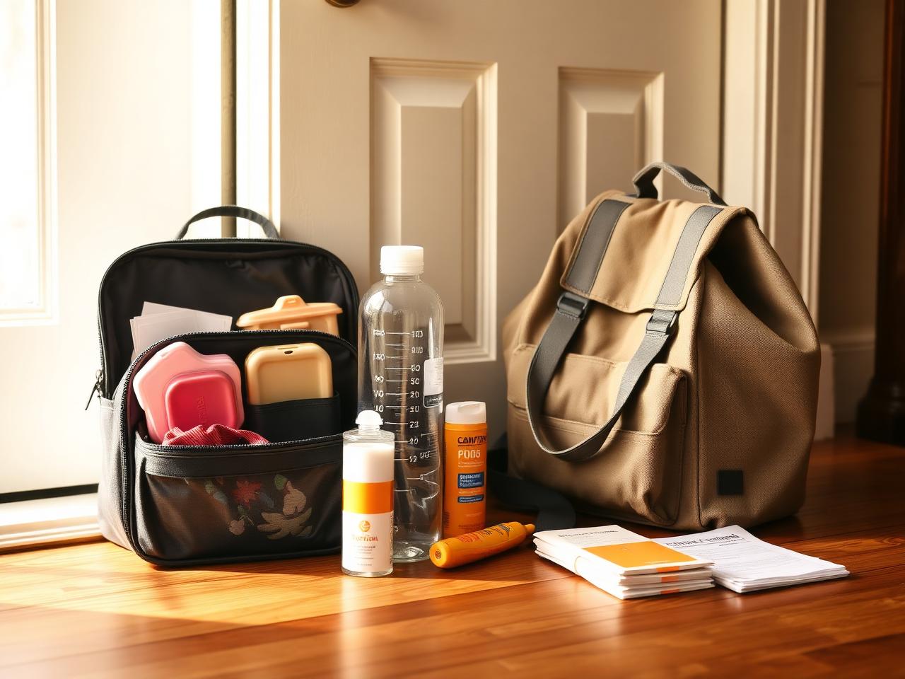 A packed lunchbox, labeled water bottle, and a small camp backpack ready by the front door