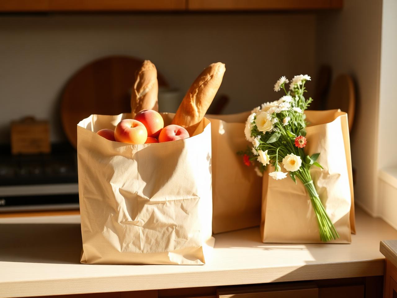 Fresh paper grocery bags on a kitchen counter with peaches, baguettes, and garden flowers