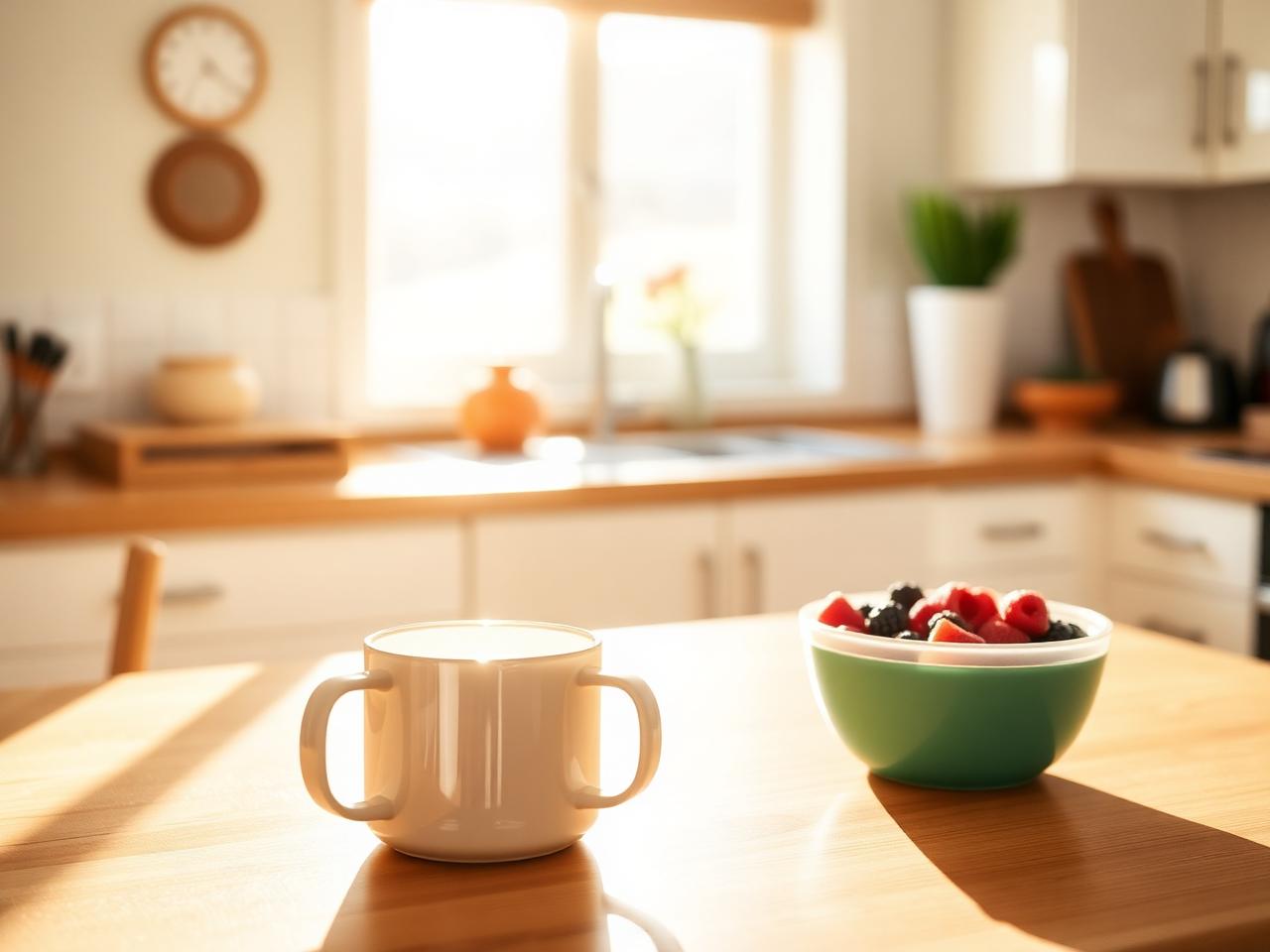 A sunlit kitchen counter with a coffee mug and bowl of fresh berries on a warm morning