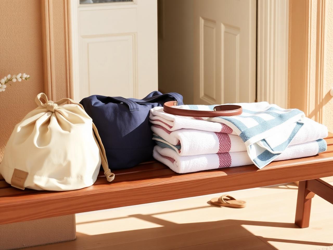 Folded pool towels and a swim bag staged neatly on a sunlit bench by the door