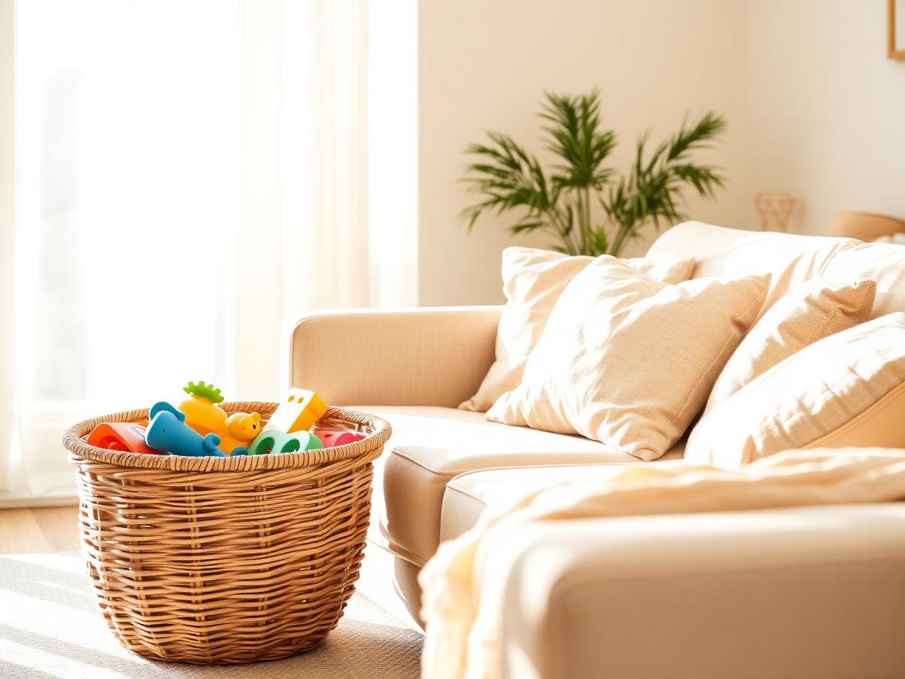 A softly tidied family living room with toys put away and pillows fluffed in late afternoon light