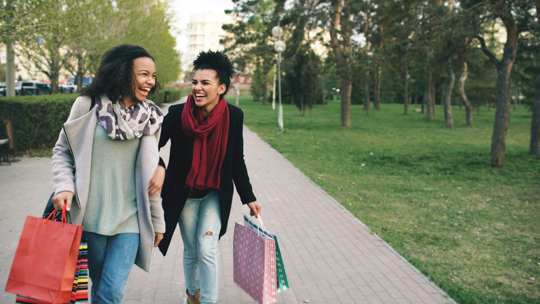 Two friends walking together on a tree-lined path
